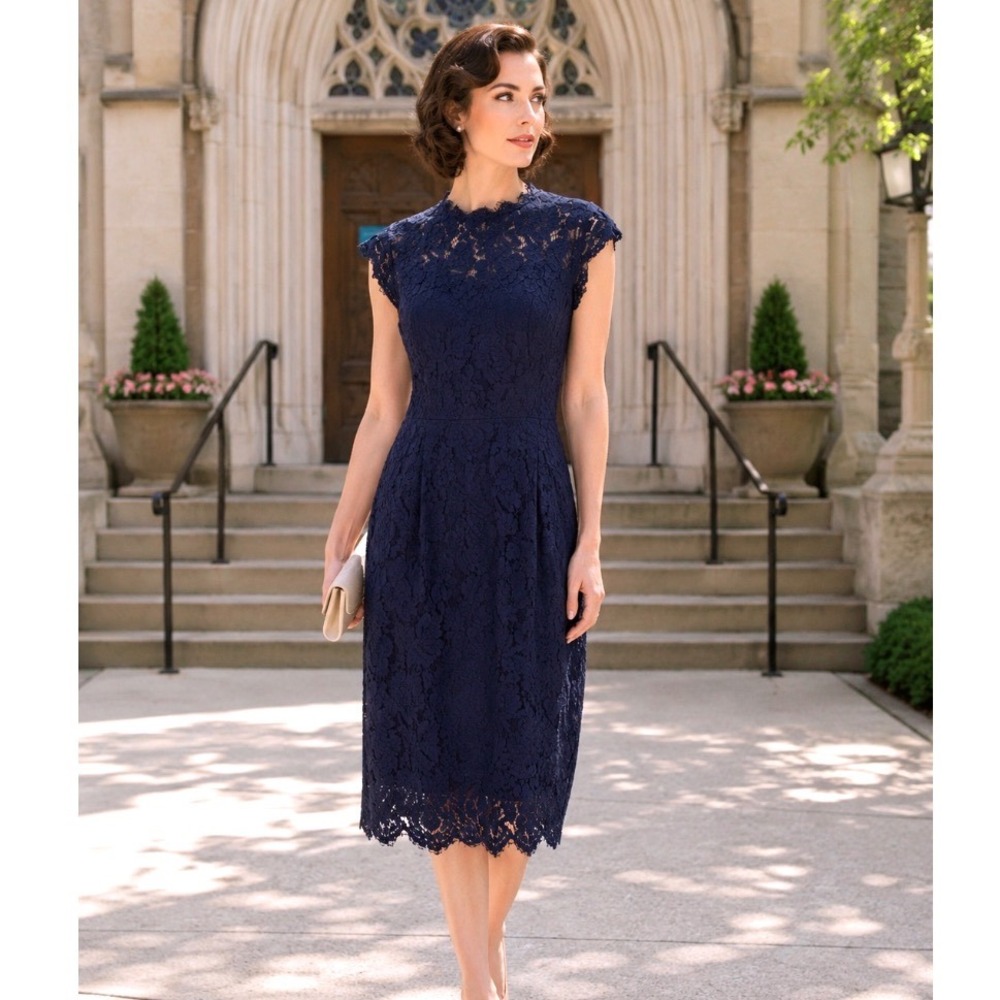 Musol Navy Blue Floral Lace Sheath Dress High Neck Midi Cocktail Wedding Guest M